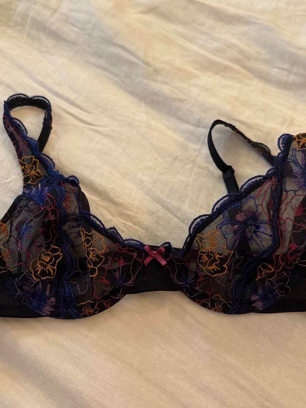 Free People Black Sheer Lace Bra with Multicolor Floral Embroidery - Picture 1 of 3